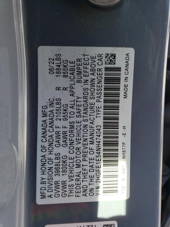 2022 HONDA CIVIC SI VIN:2HGFE1E54NH474043
