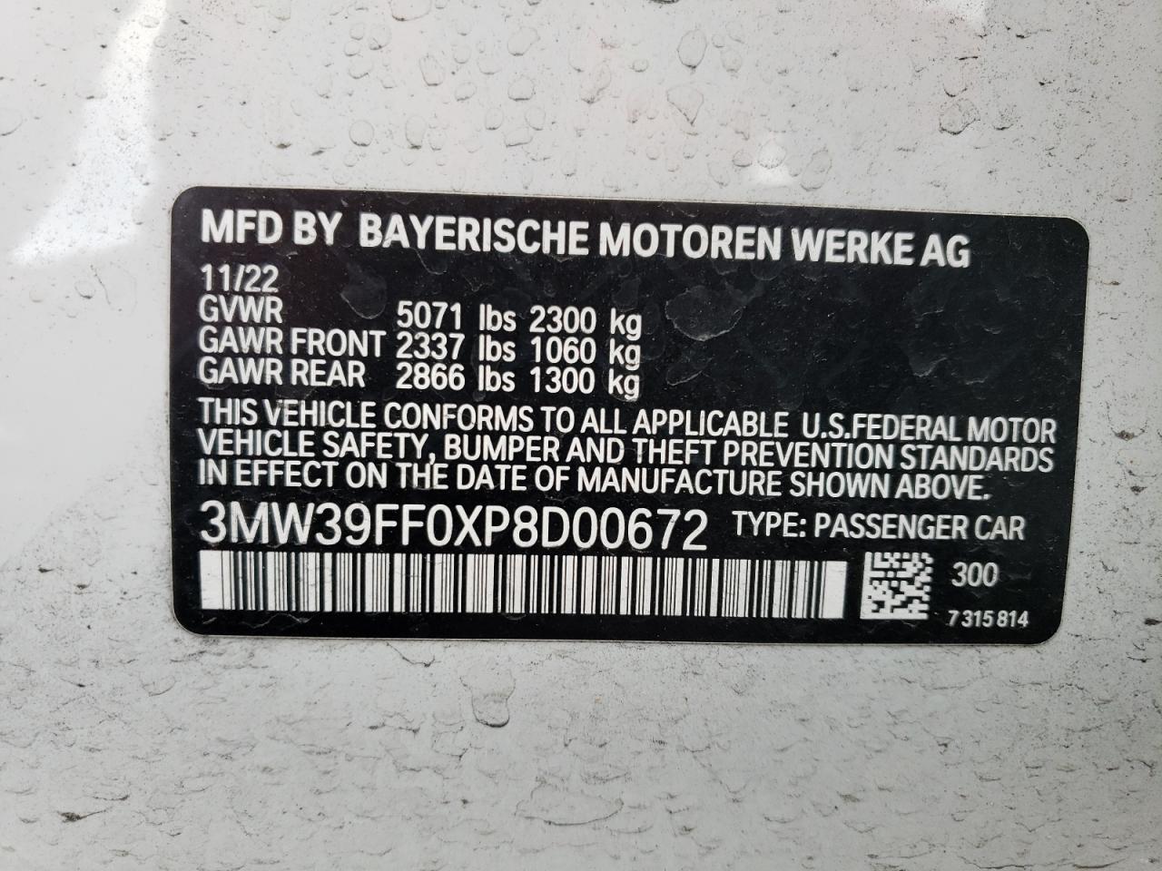 2023 BMW 330E VIN:3MW39FF0XP8D00672