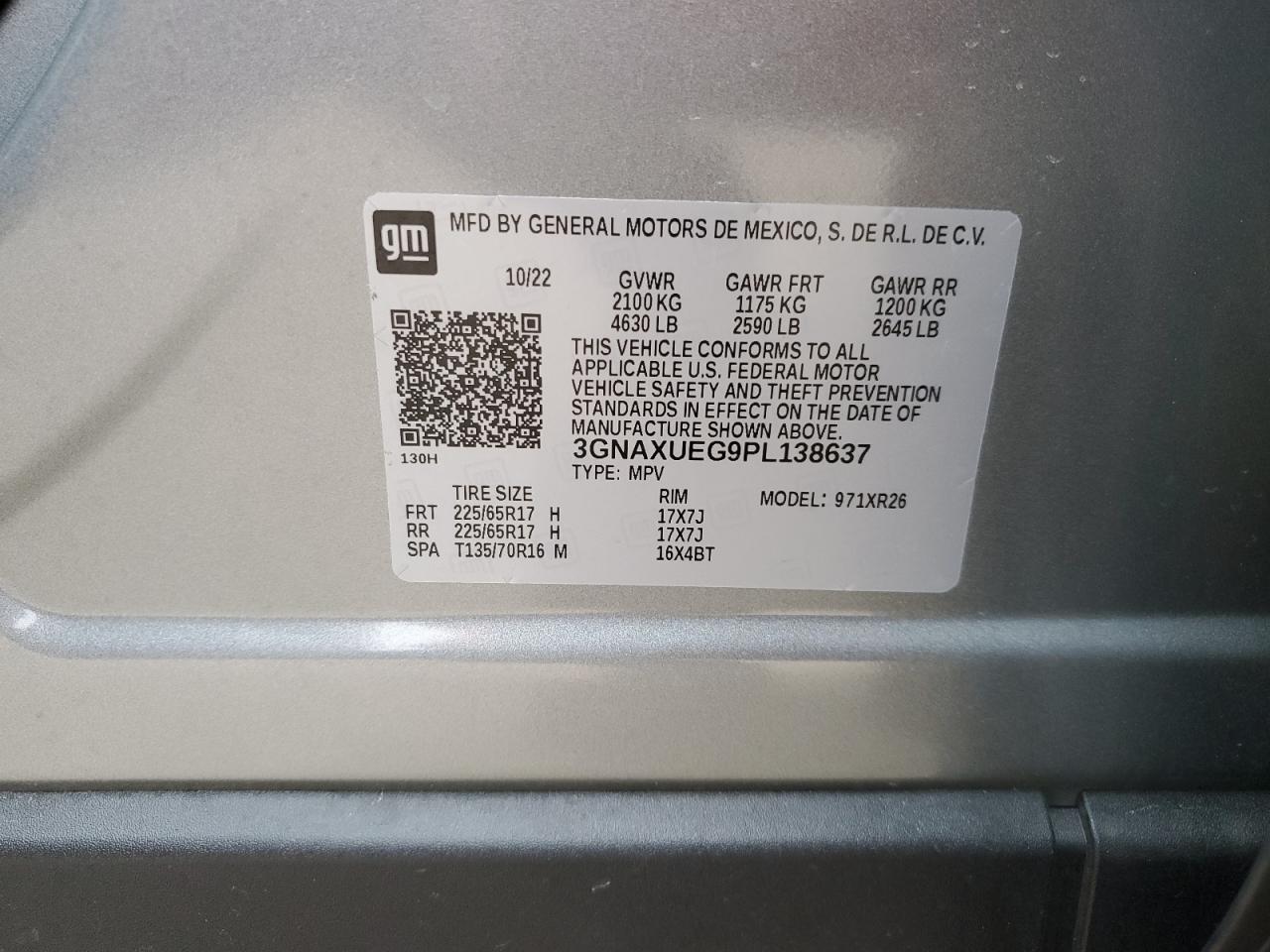 2023 CHEVROLET EQUINOX LT VIN:3GNAXUEG9PL138637