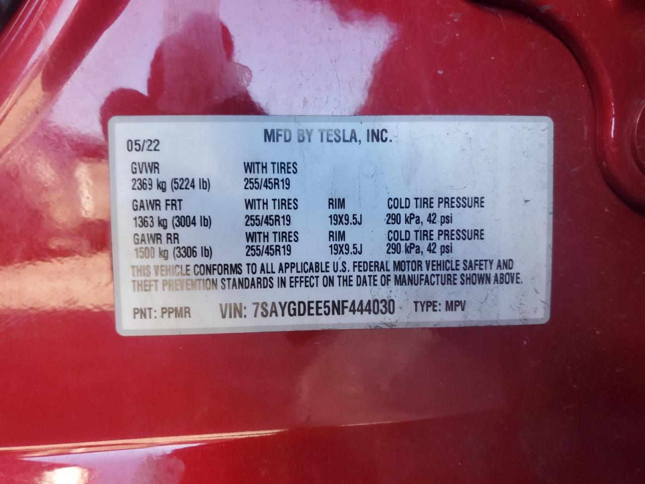 2022 TESLA MODEL Y VIN:7SAYGDEE5NF444030