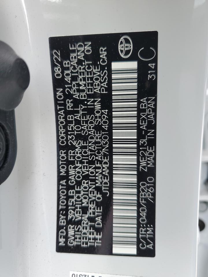 2022 TOYOTA COROLLA LE VIN:JTDEAMDE7N3014094