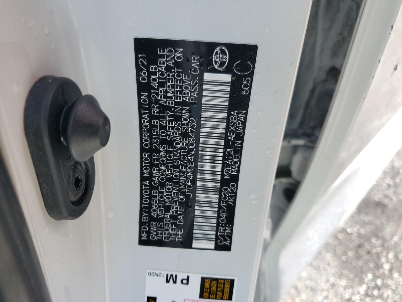 2022 TOYOTA COROLLA SE VIN:JTDP4MCE4NJ084732