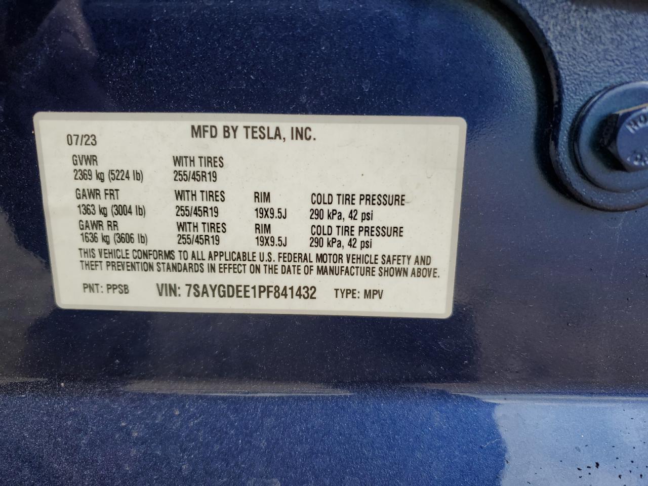 2023 TESLA MODEL Y VIN:7SAYGDEE1PF841432
