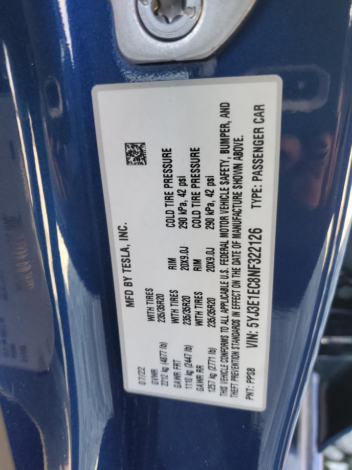 2022 TESLA MODEL 3 VIN:5YJ3E1EC8NF322126