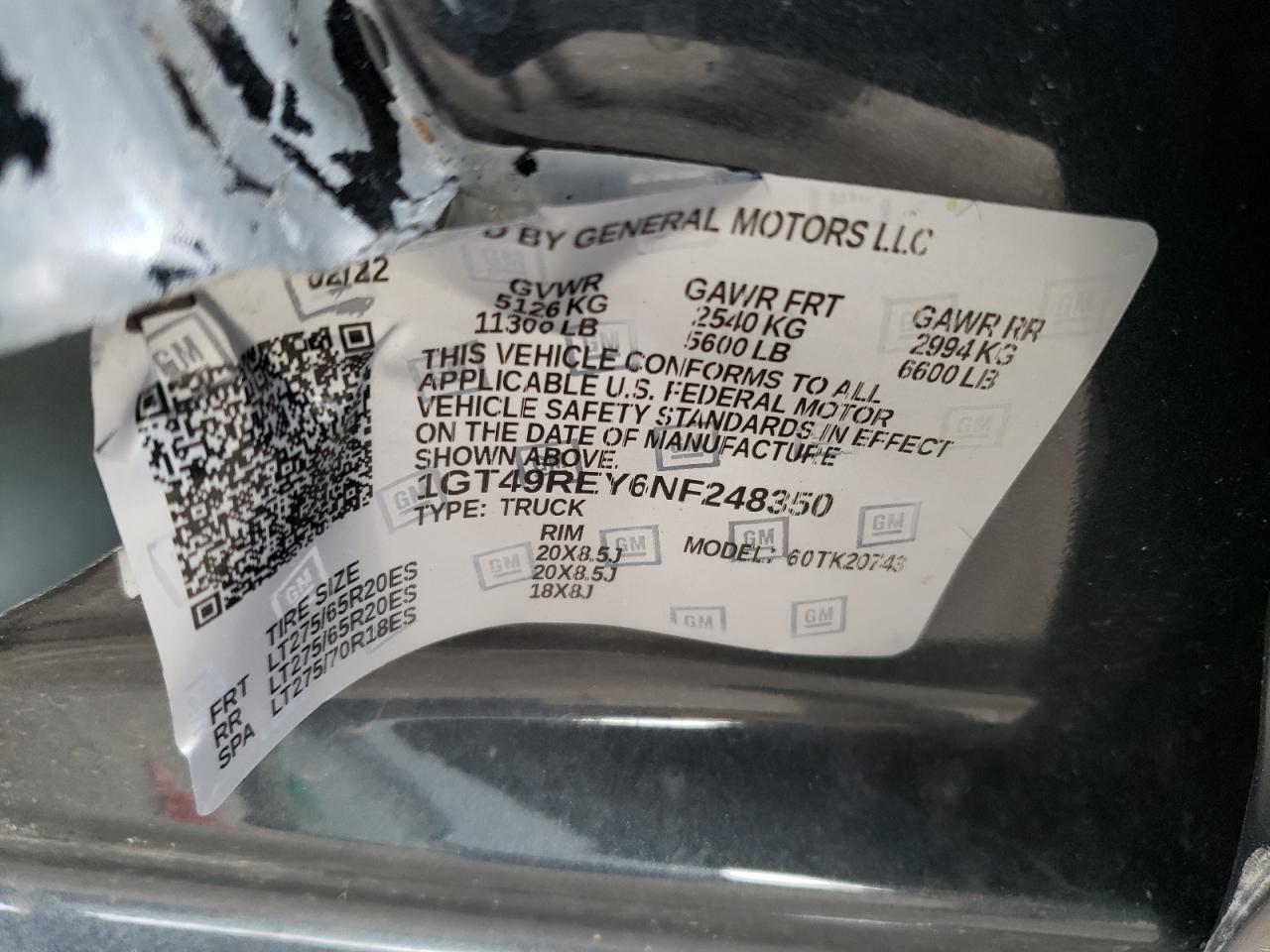 2022 GMC SIERRA K2500 DENALI VIN:1GT49REY6NF248350