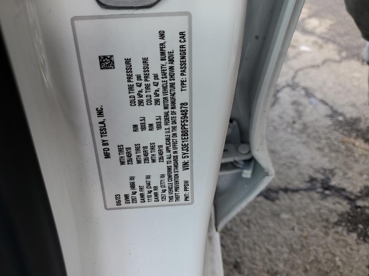 2023 TESLA MODEL 3 VIN:5YJ3E1EB8PF594878
