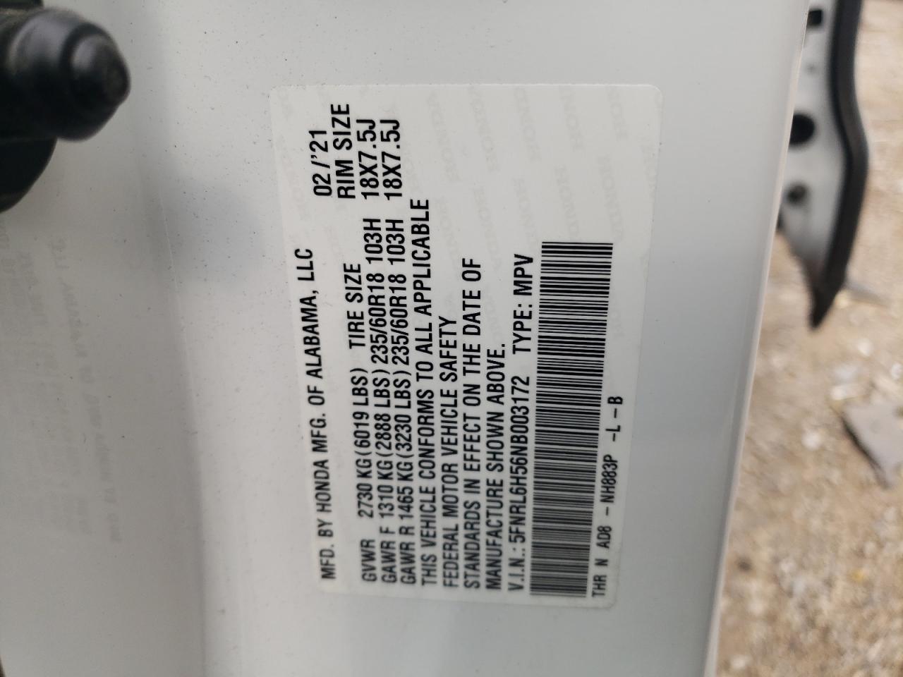 2022 HONDA ODYSSEY EX VIN:57665903