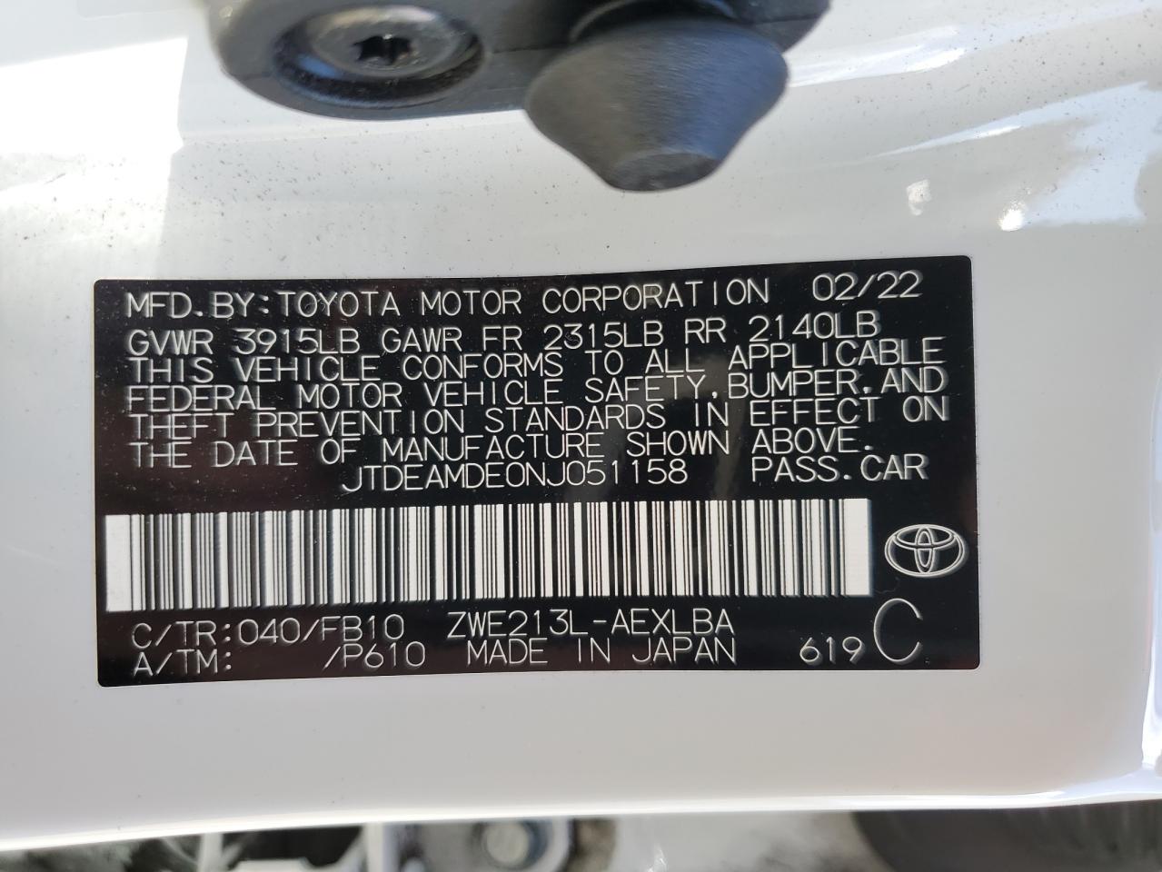 2022 TOYOTA COROLLA LE VIN:JTDEAMDE0NJ051158