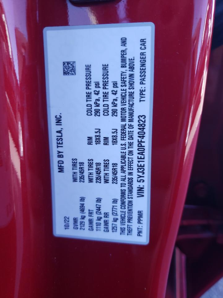 2023 TESLA MODEL 3 VIN:5YJ3E1EA0PF404823