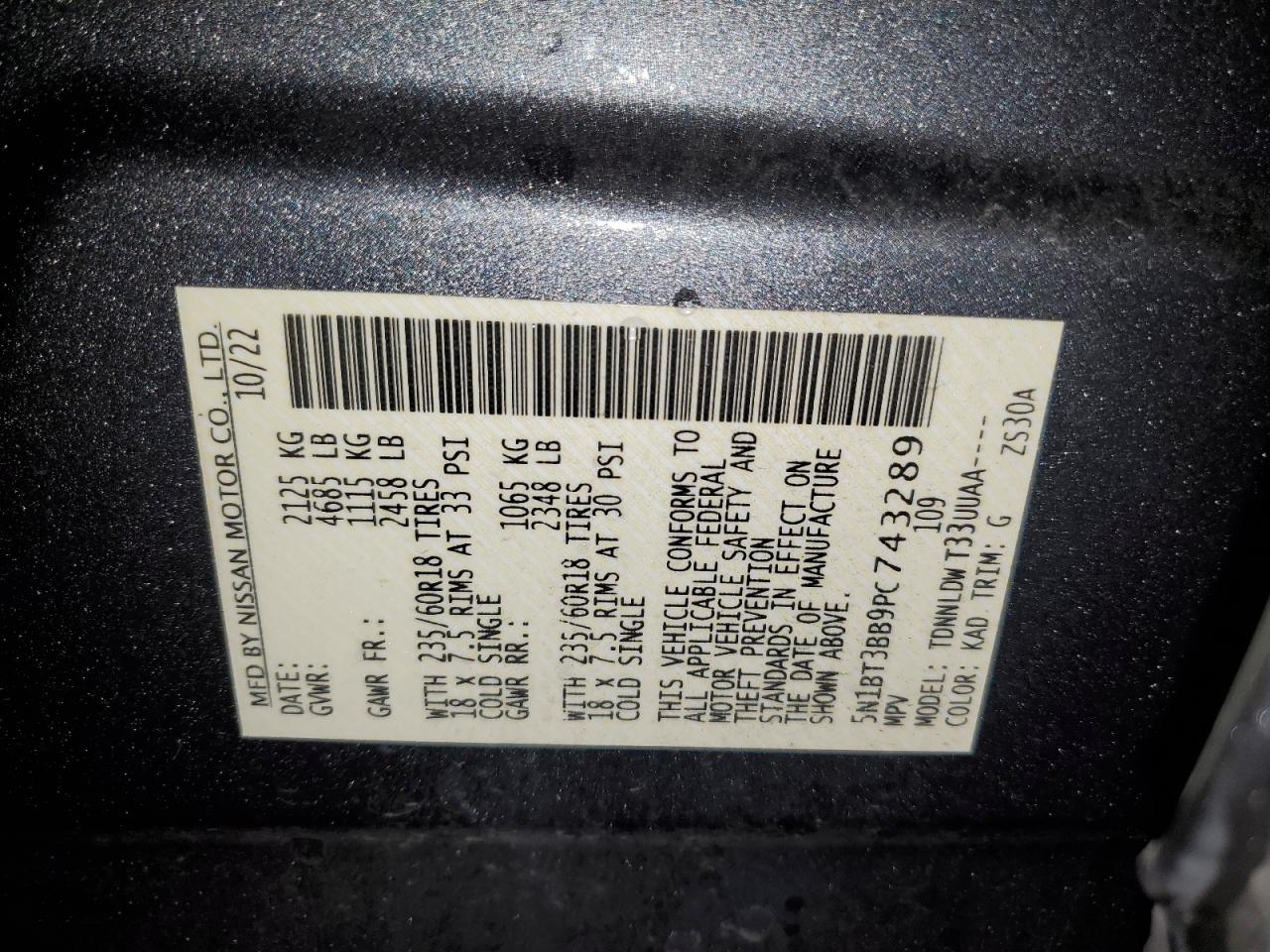 2023 NISSAN ROGUE SV VIN:5N1BT3BB9PC743289