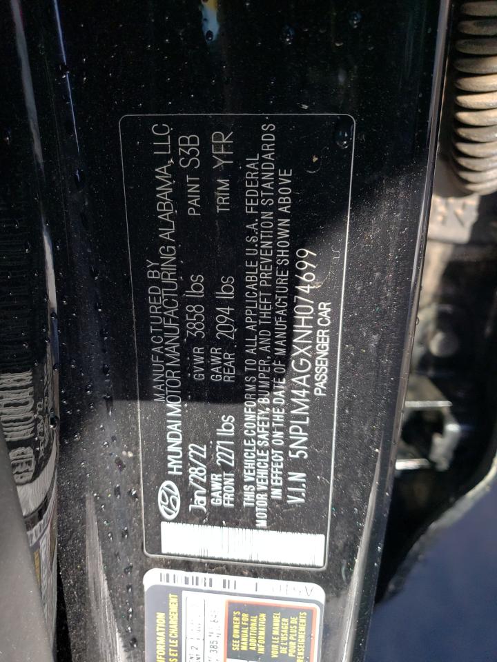 2022 HYUNDAI ELANTRA SEL VIN:5NPLM4AGXNH074699