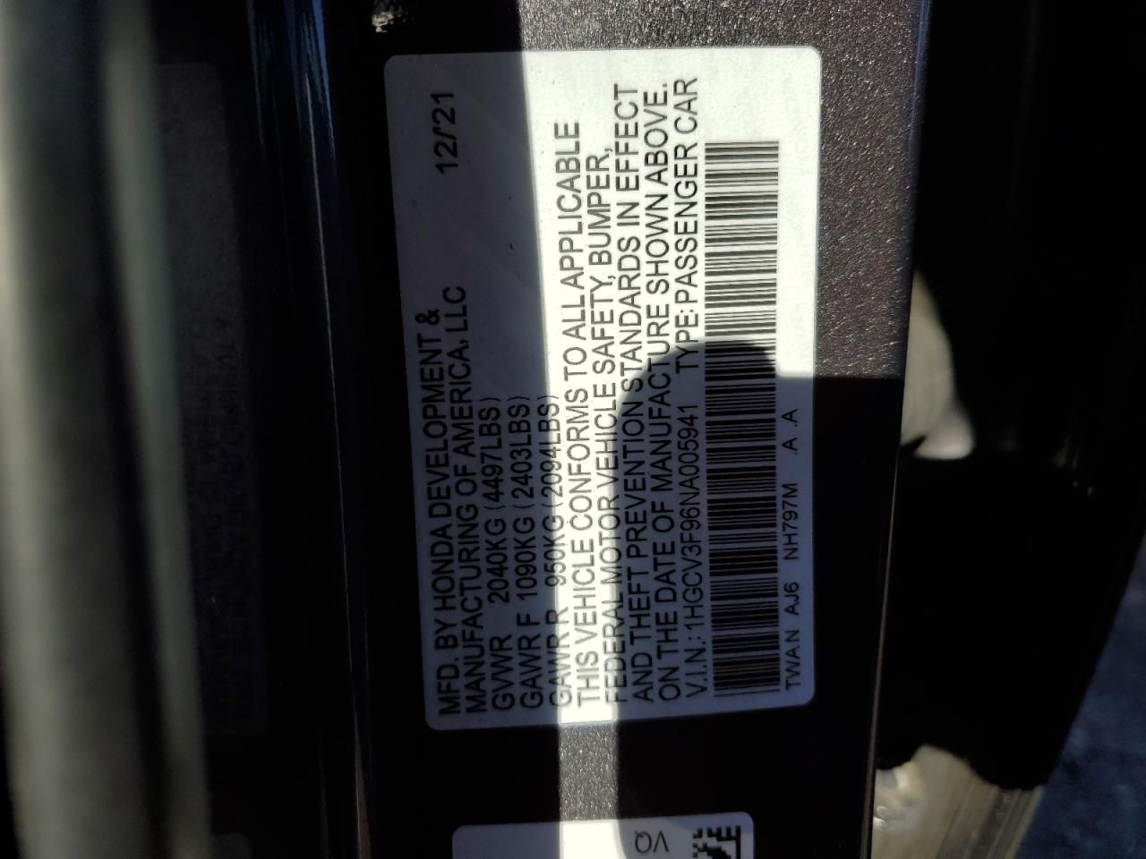 2022 HONDA ACCORD TOURING HYBRID VIN:1HGCV3F96NA005941