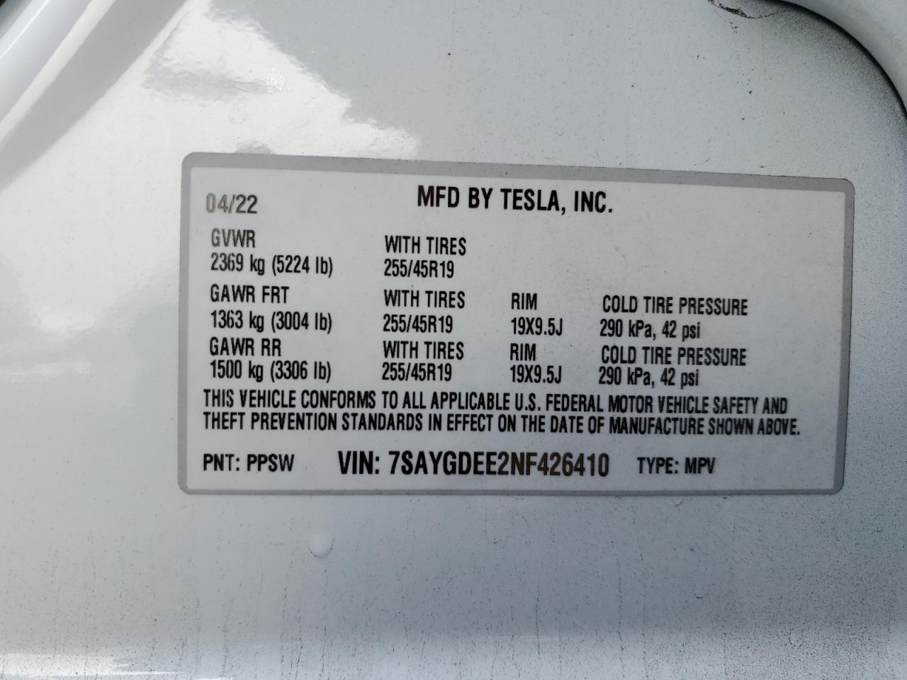 2022 TESLA MODEL Y VIN:7SAYGDEE2NF426410