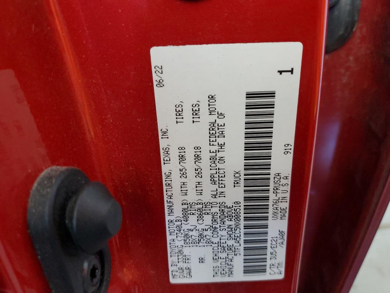 2022 TOYOTA TUNDRA CREWMAX SR5 VIN:5TFLA5EC5NX008510