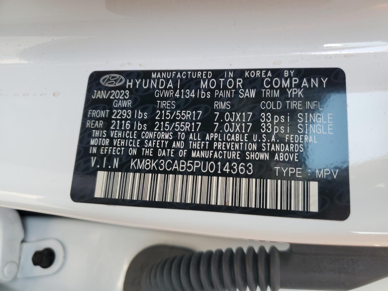 2023 HYUNDAI KONA SEL VIN:KM8K3CAB5PU014363