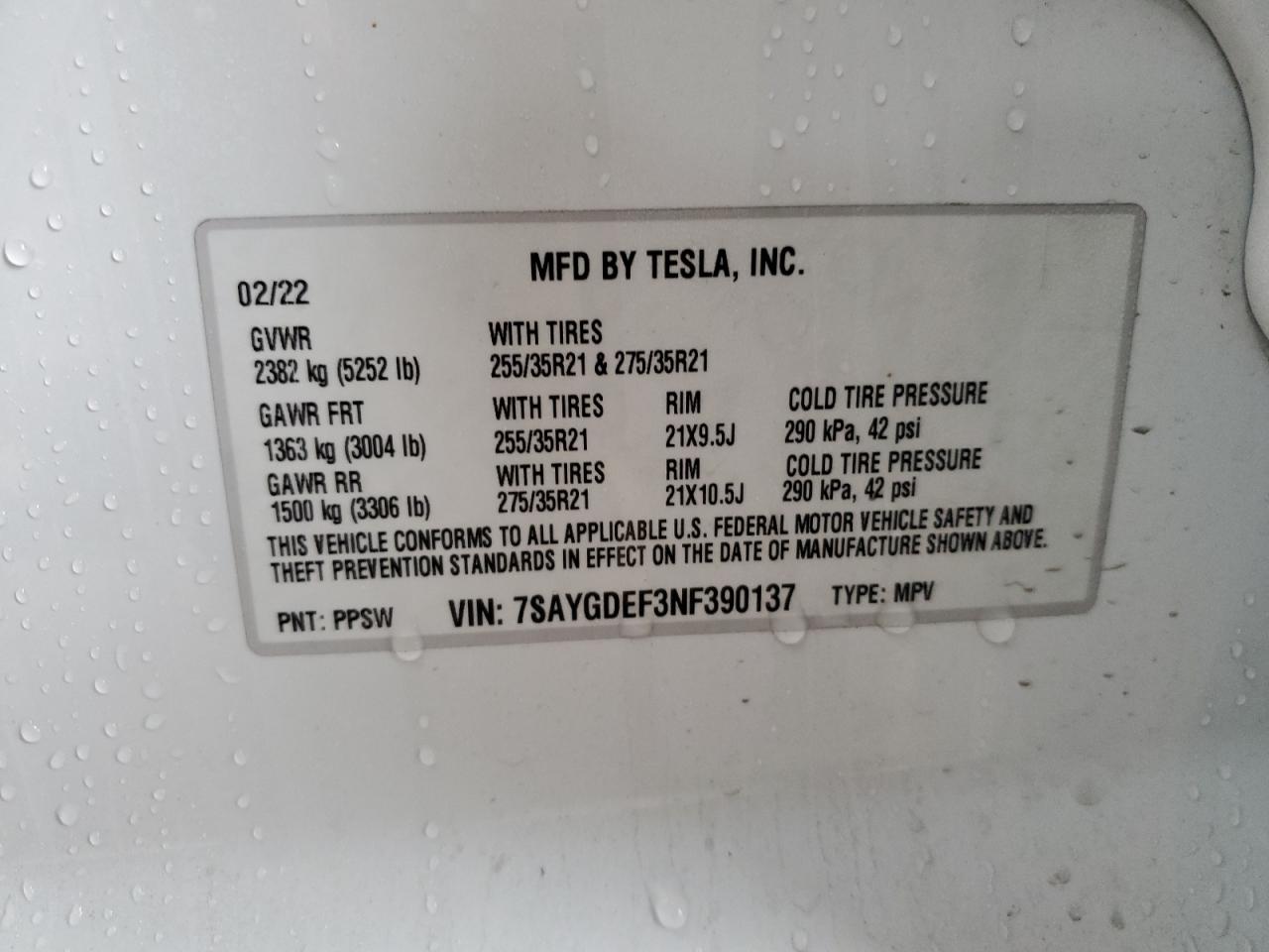 2022 TESLA MODEL Y VIN:7SAYGDEF3NF390137