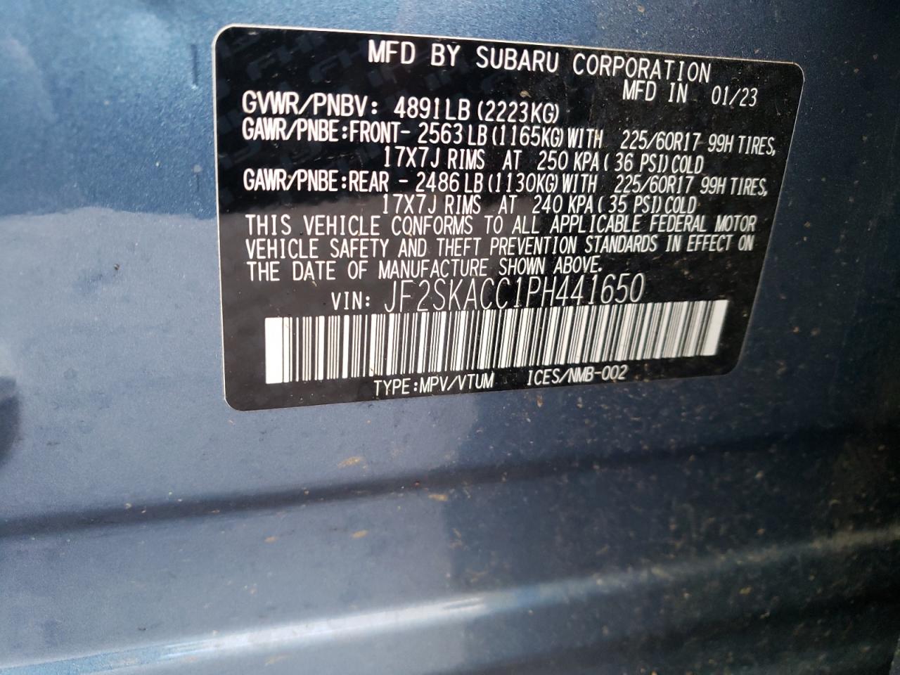 2023 SUBARU FORESTER VIN:JF2SKACC1PH441650