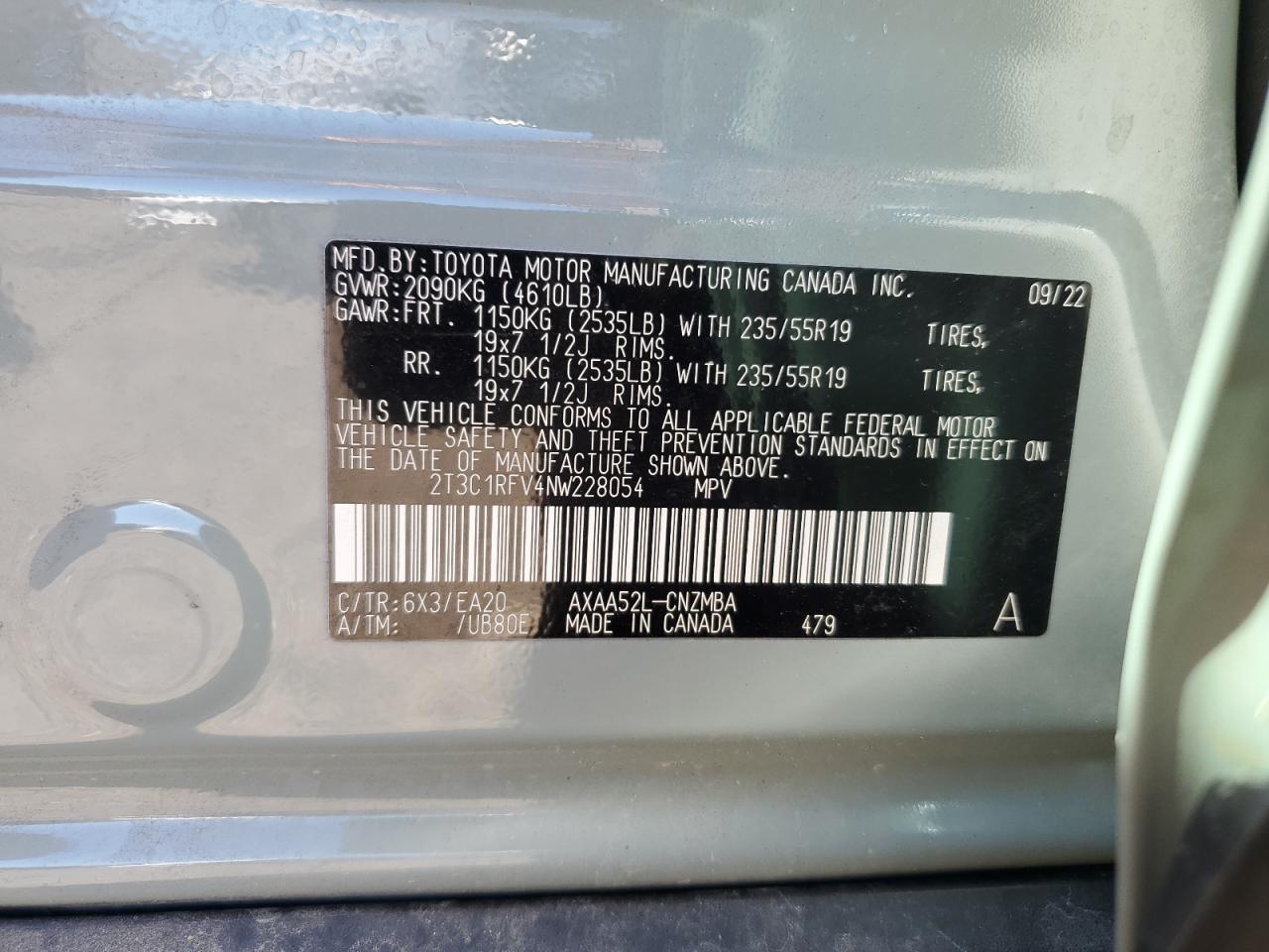 2022 TOYOTA RAV4 XLE PREMIUM VIN:2T3C1RFV4NW228054