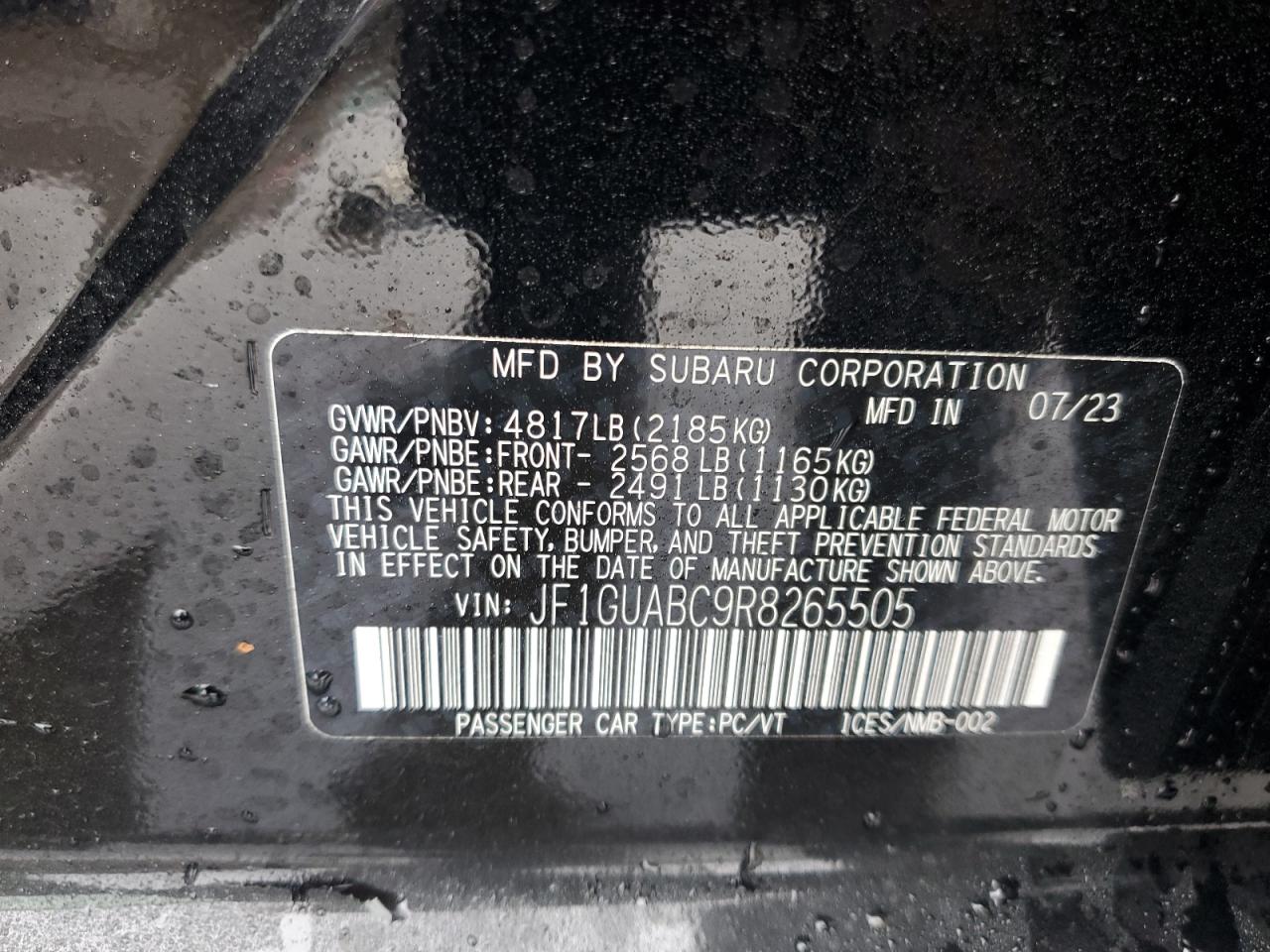 2024 SUBARU IMPREZA VIN:JF1GUABC9R8265505