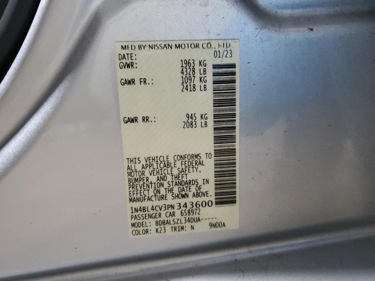 2023 NISSAN ALTIMA SR VIN:1N4BL4CV3PN343600