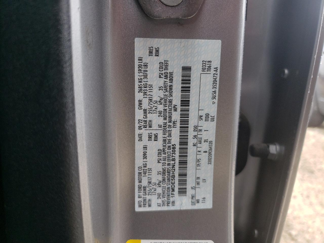 2022 FORD BRONCO BASE VIN:1FMDE5BH2NLB73085