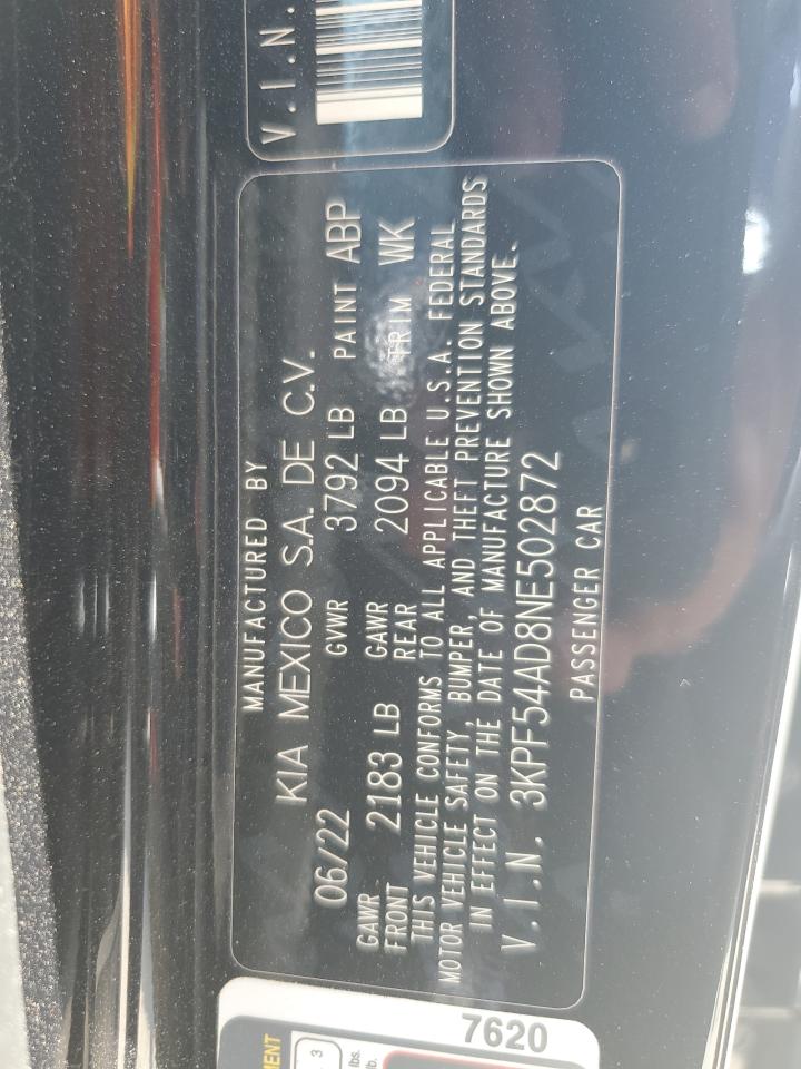 2022 KIA FORTE GT LINE VIN:3KPF54AD8NE502872