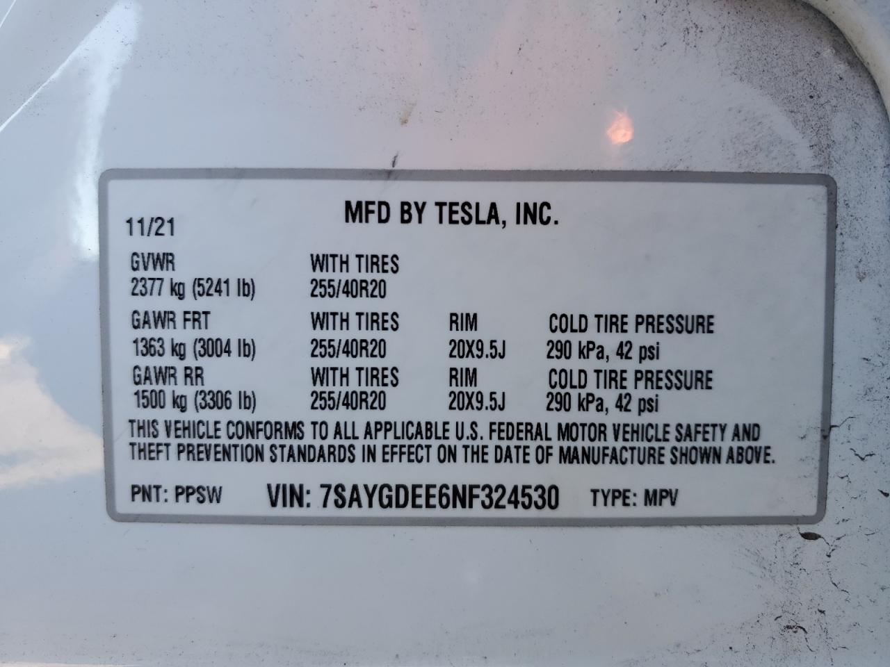 2022 TESLA MODEL Y VIN:7SAYGDEE6NF324530