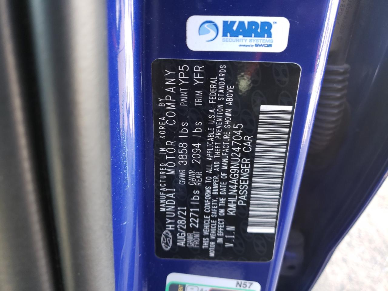 2022 HYUNDAI ELANTRA SEL VIN:KMHLN4AG9NU247045