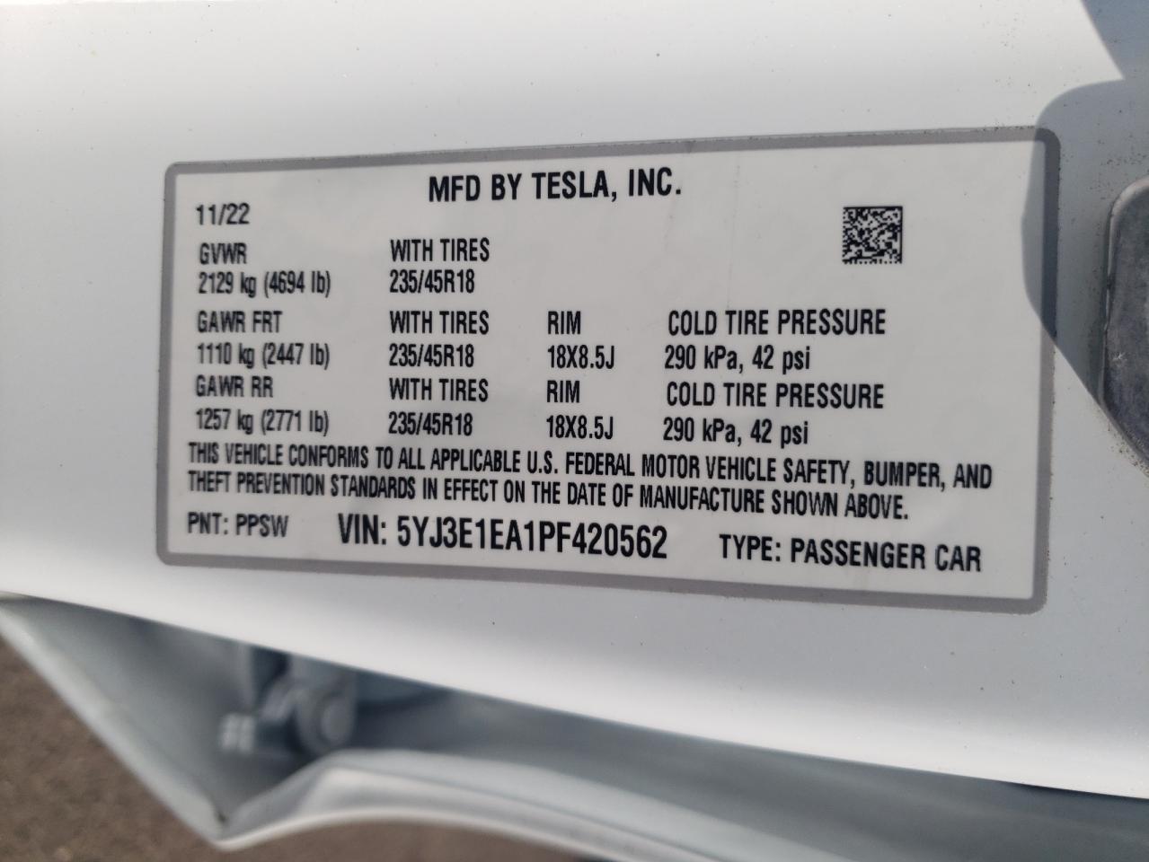 2023 TESLA MODEL 3 VIN:5YJ3E1EA1PF420562