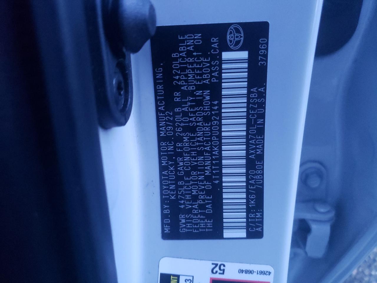 2023 TOYOTA CAMRY SE NIGHT SHADE VIN:4T1T11AK0PU092144