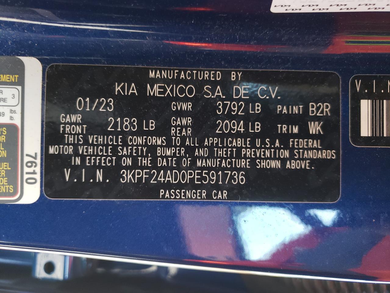 2023 KIA FORTE LX VIN:3KPF24AD0PE591736