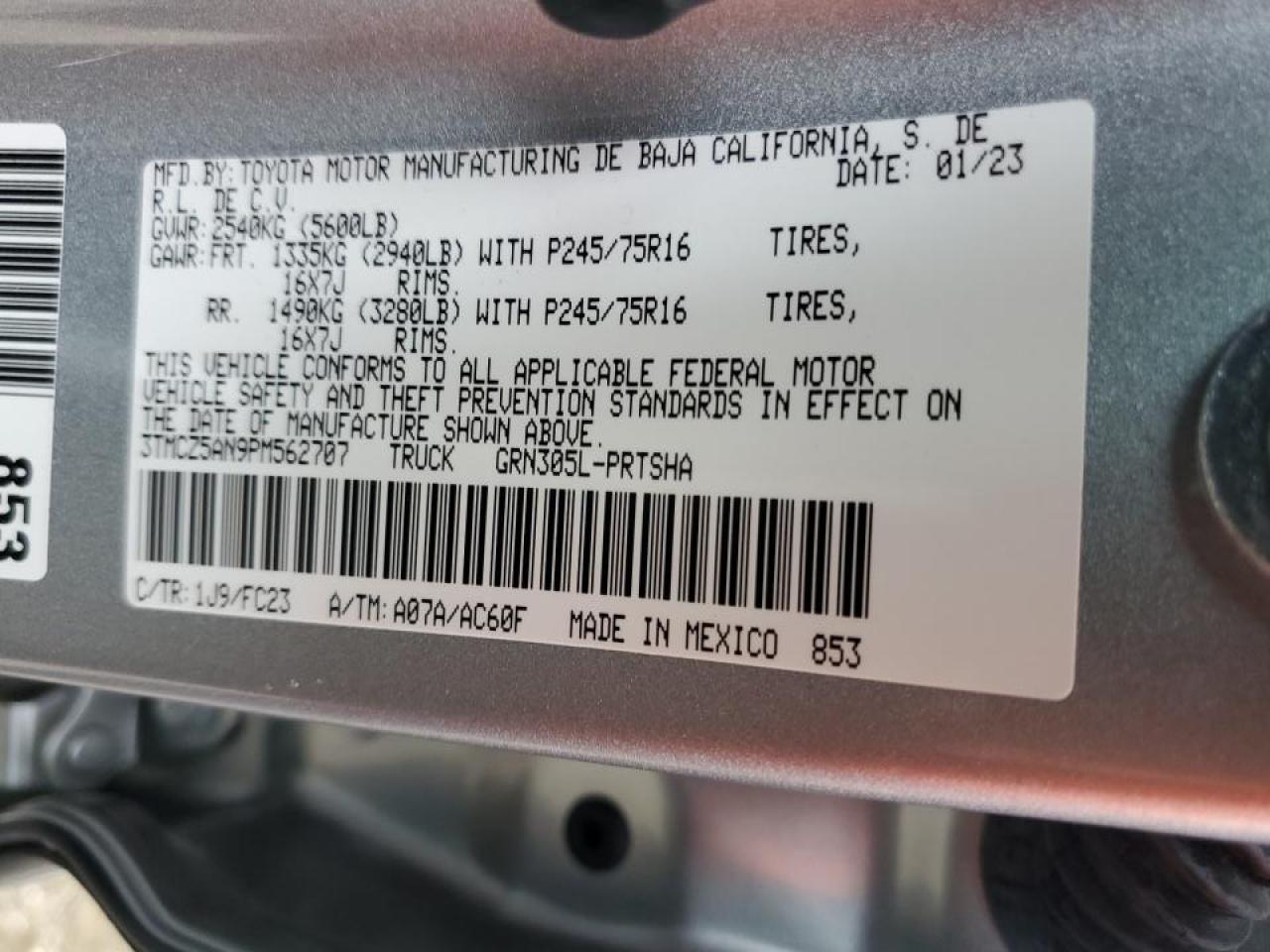 2023 TOYOTA TACOMA DOUBLE CAB VIN:3TMCZ5AN9PM562707