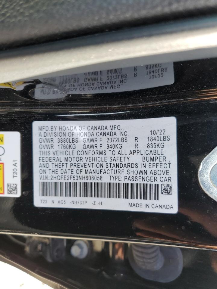 2022 HONDA CIVIC SPORT VIN:2HGFE2F53NH608058