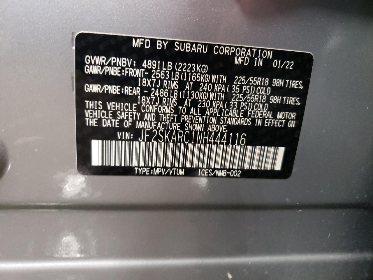 2022 SUBARU FORESTER TOURING VIN:JF2SKARC1NH444116