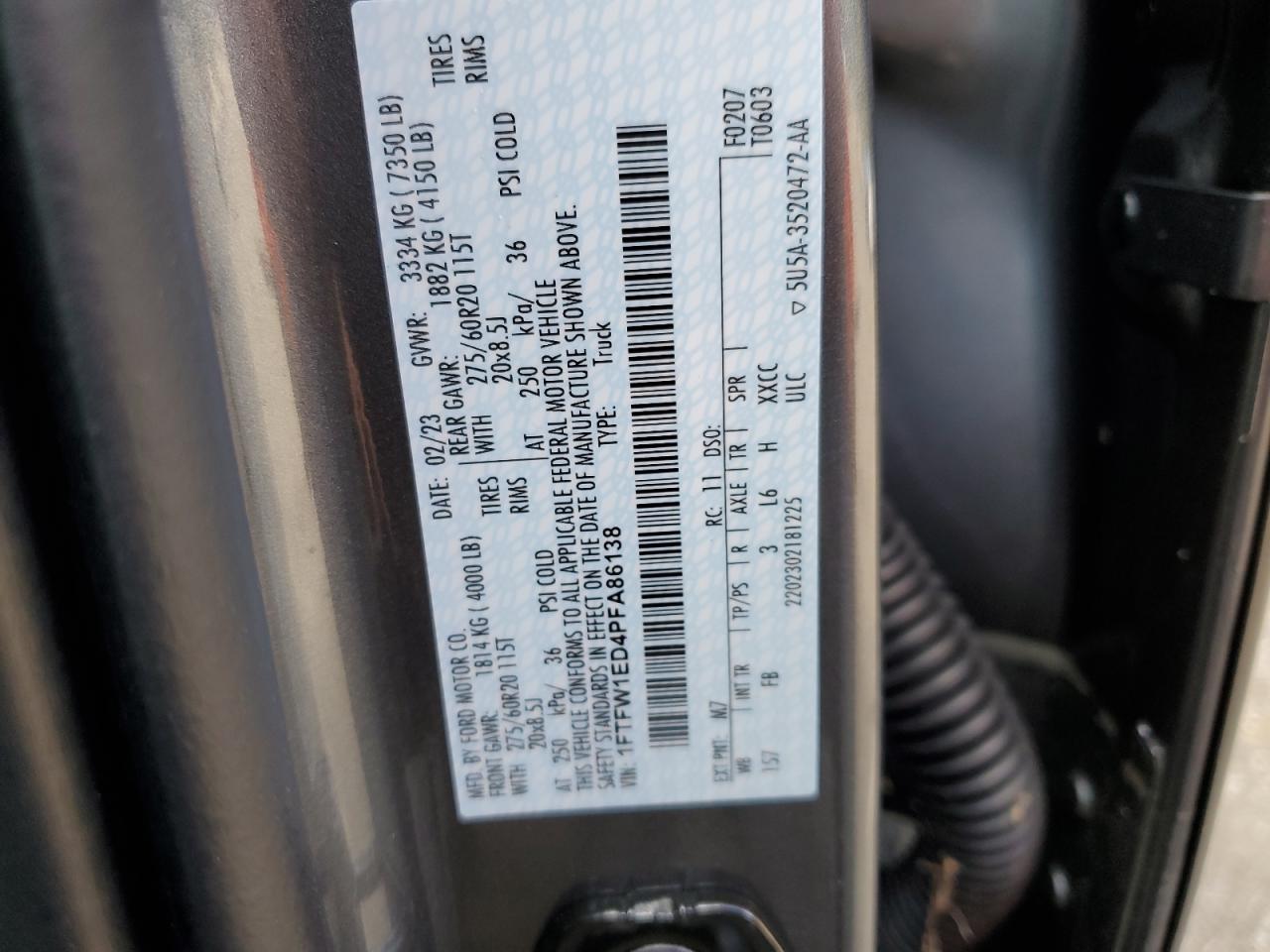 2023 FORD F150 SUPERCREW VIN:1FTFW1ED4PFA86138
