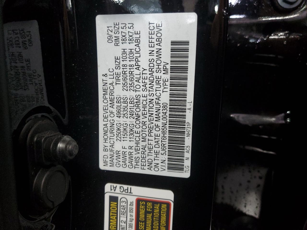 2022 HONDA CR-V EXL VIN:5J6RT6H85NL004380
