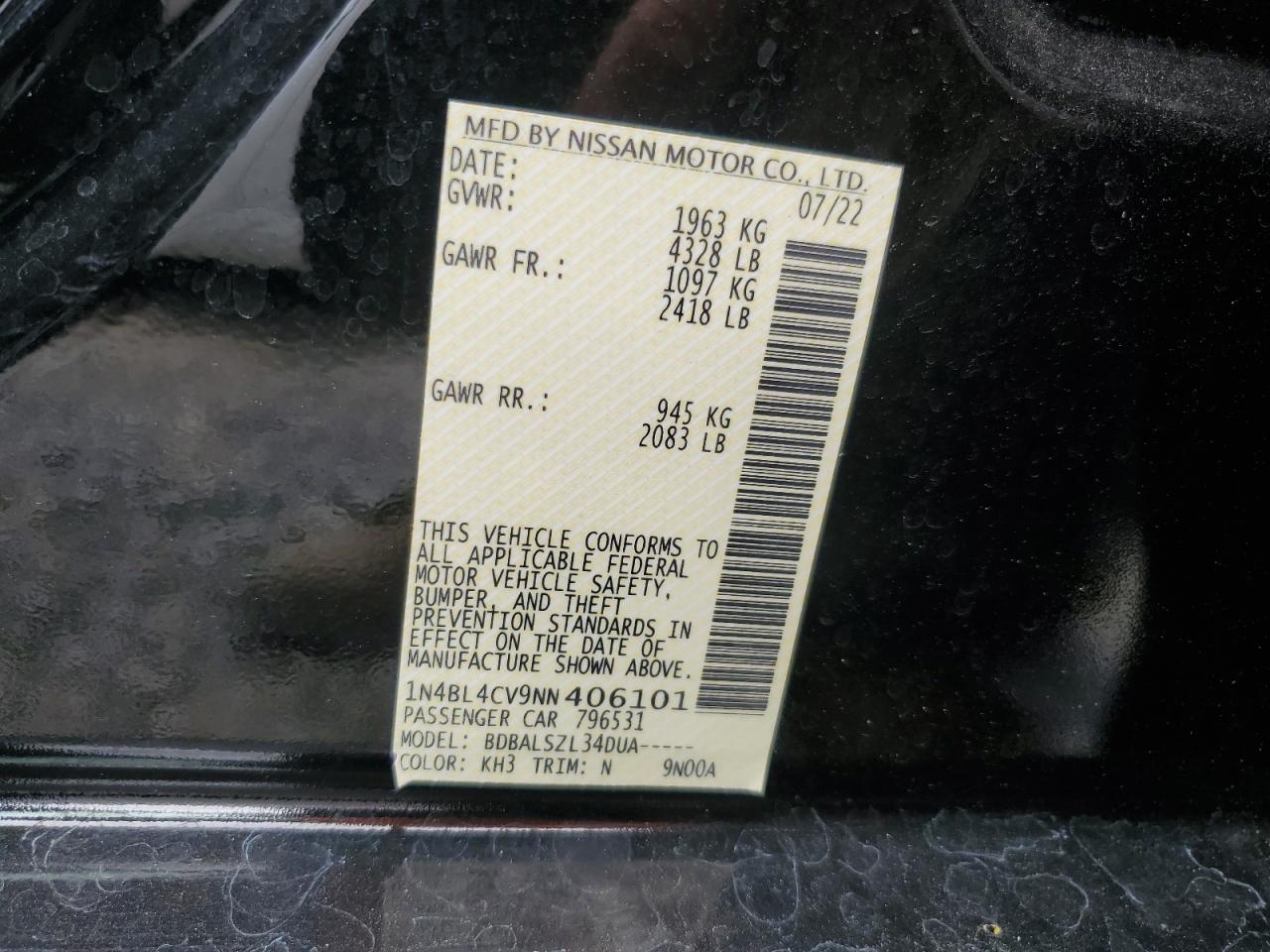 2022 NISSAN ALTIMA SR VIN:1N4BL4CV9NN406101