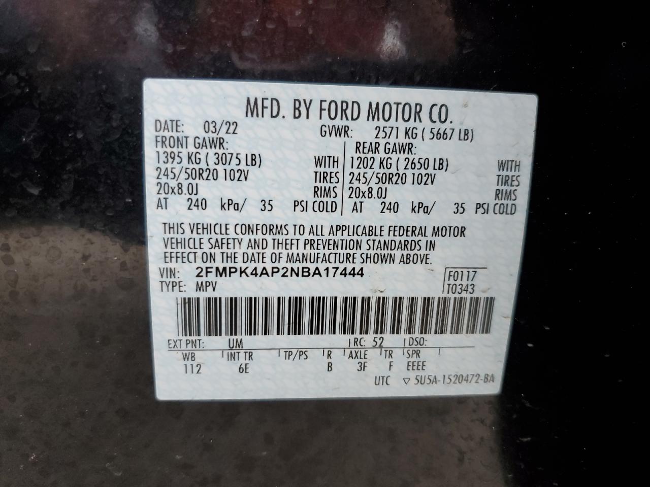 2022 FORD EDGE ST VIN:2FMPK4AP2NBA17444
