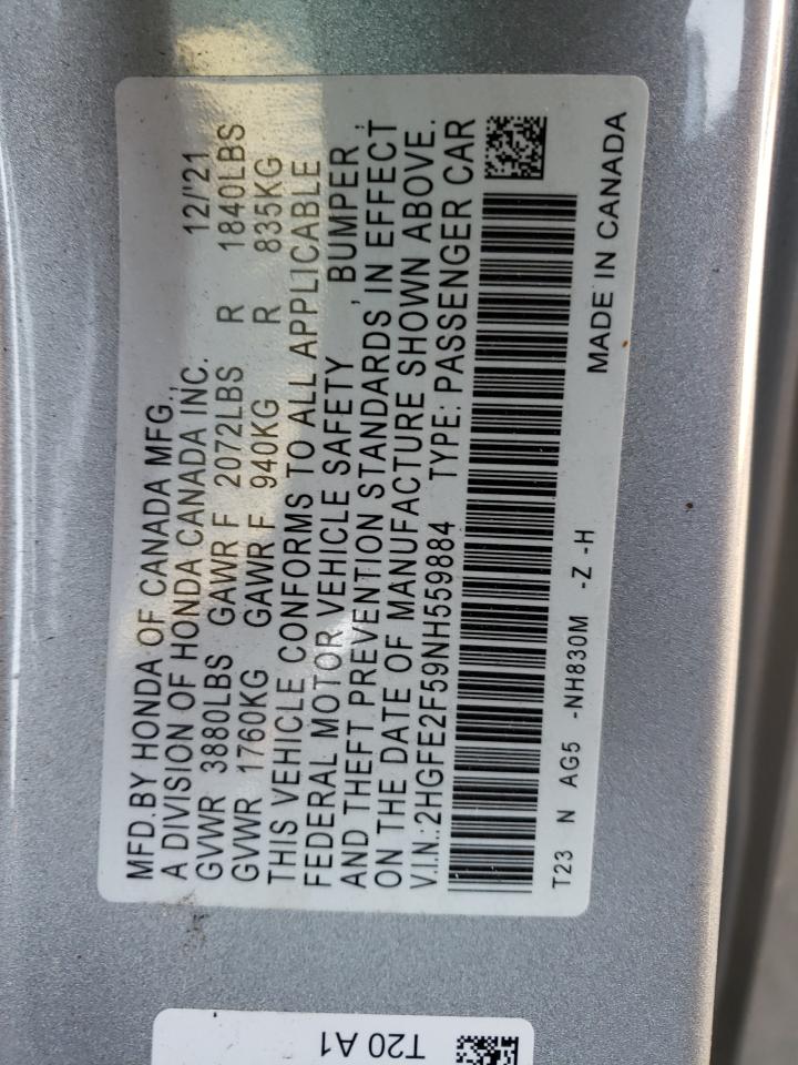 2022 HONDA CIVIC SPORT VIN:2HGFE2F59NH559884