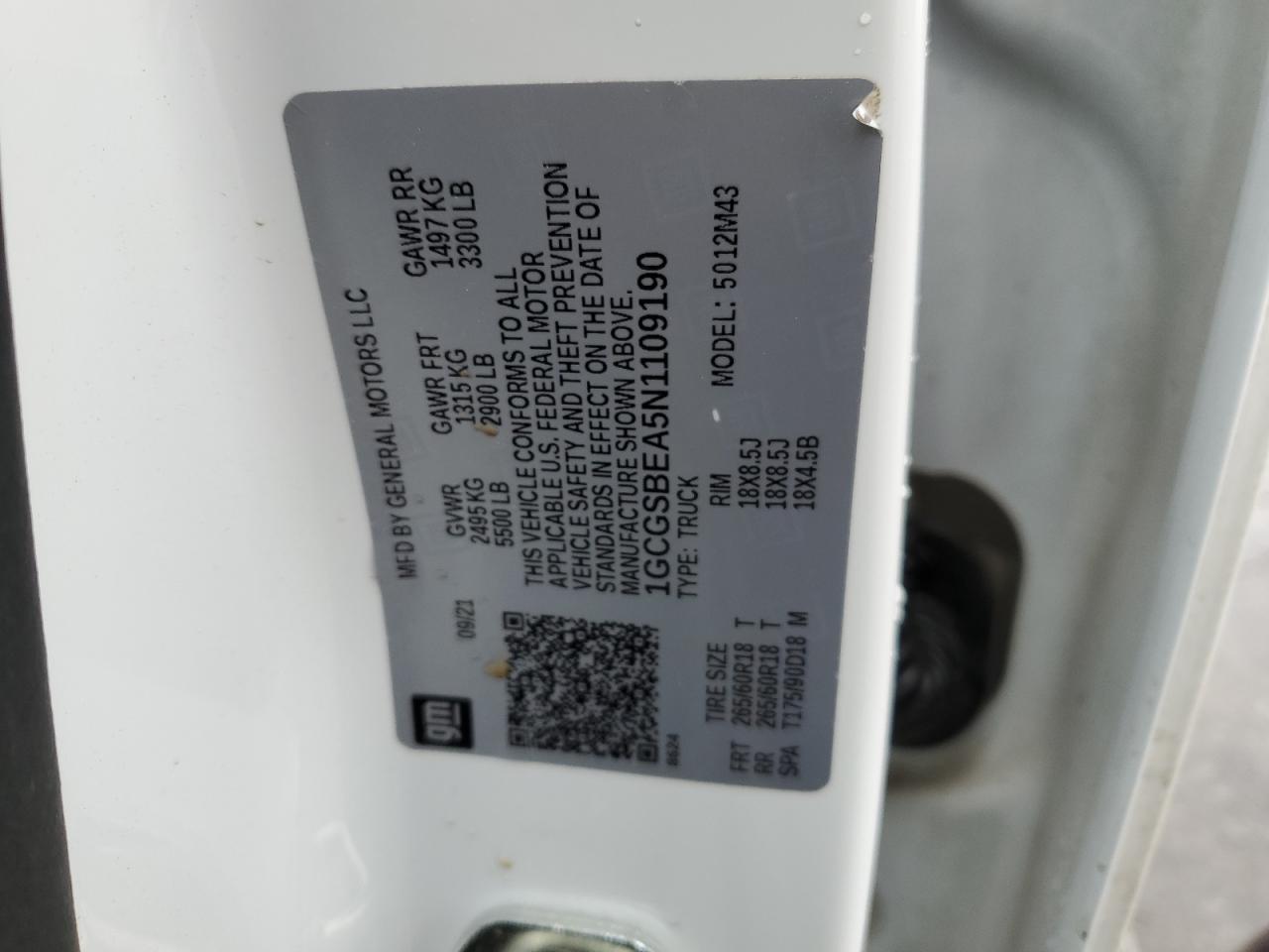 2022 CHEVROLET COLORADO VIN:1GCGSBEA5N1109190