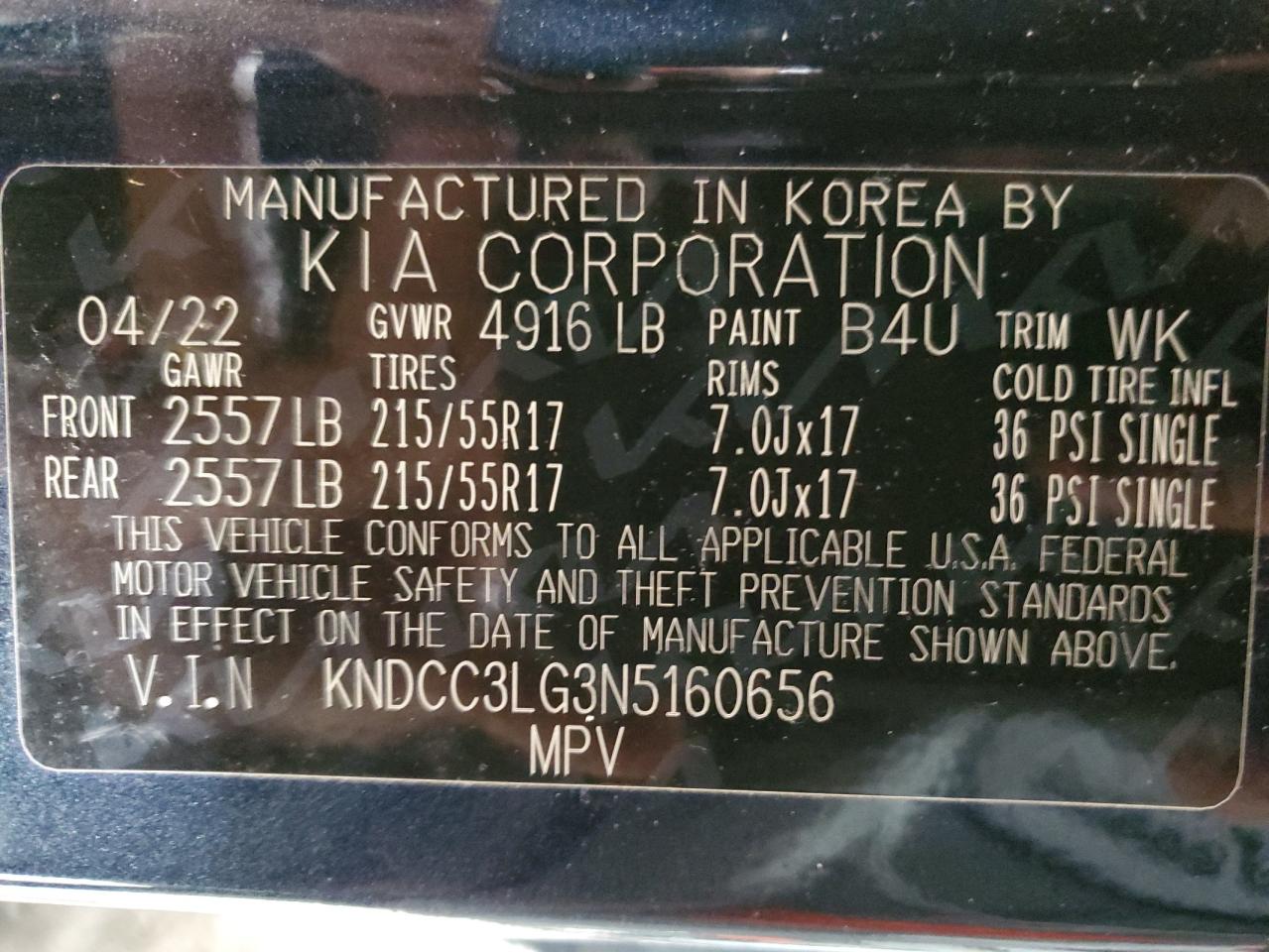 2022 KIA NIRO S VIN:KNDCC3LG3N5160656