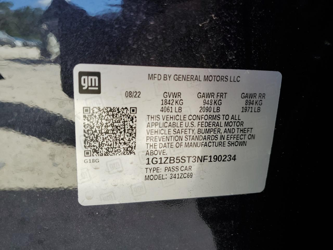 2022 CHEVROLET MALIBU LS VIN:1G1ZB5ST3NF190234