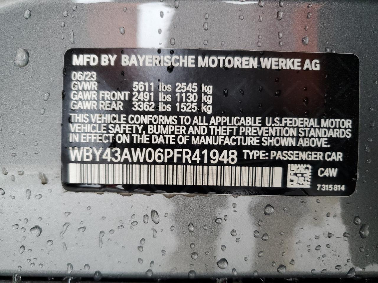 2023 BMW I4 EDRIVE35 VIN:WBY43AW06PFR41948