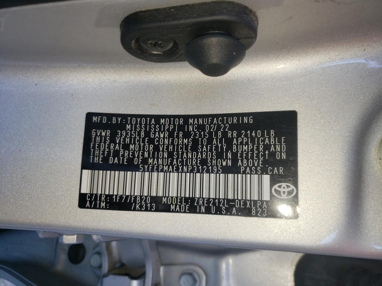 2022 TOYOTA COROLLA LE VIN:5YFEPMAEXNP312195