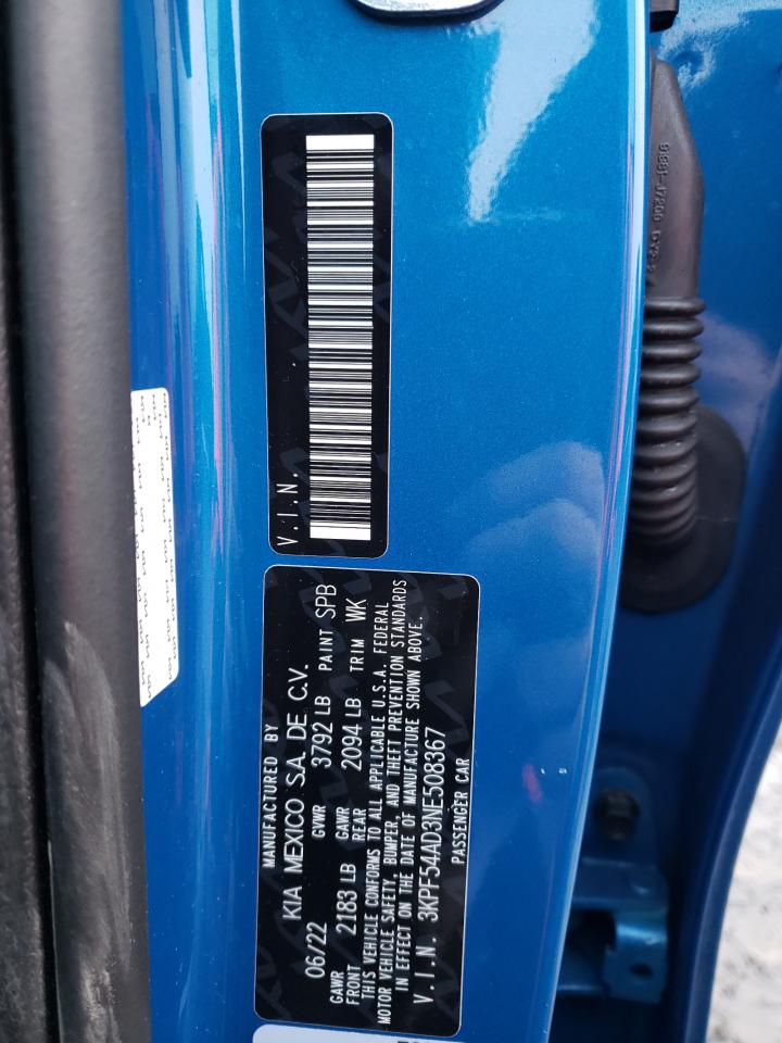 2022 KIA FORTE GT LINE VIN:3KPF54AD3NE508367