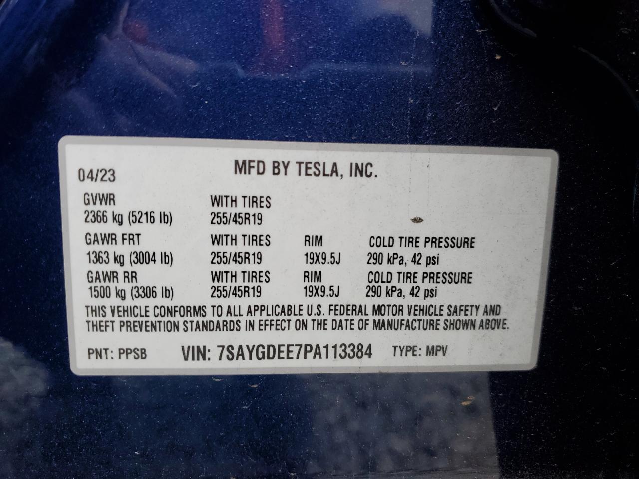 2023 TESLA MODEL Y VIN:7SAYGDEE7PA113384