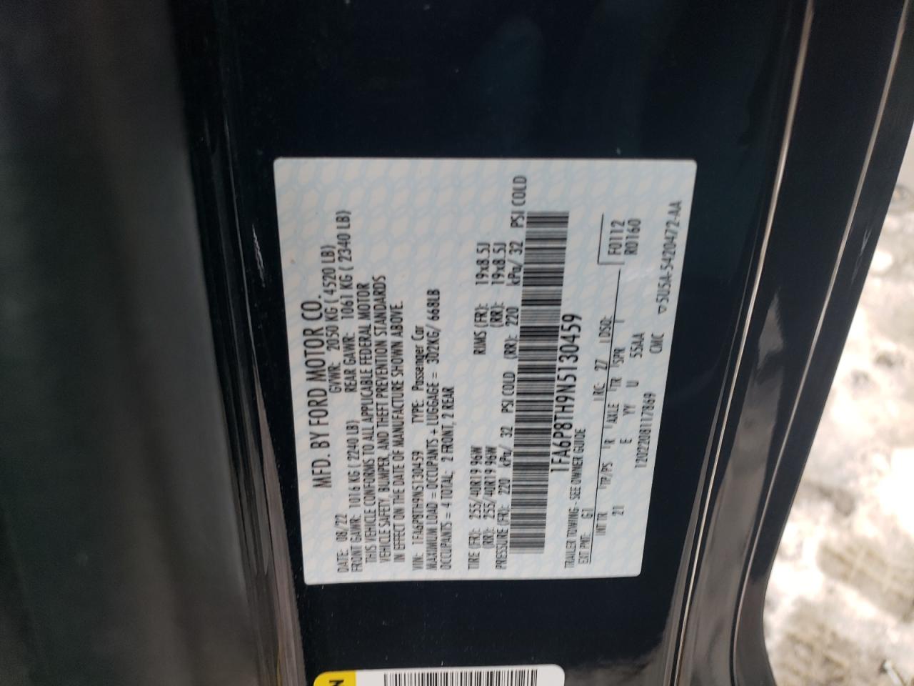 2022 FORD MUSTANG VIN:1FA6P8TH9N5130459