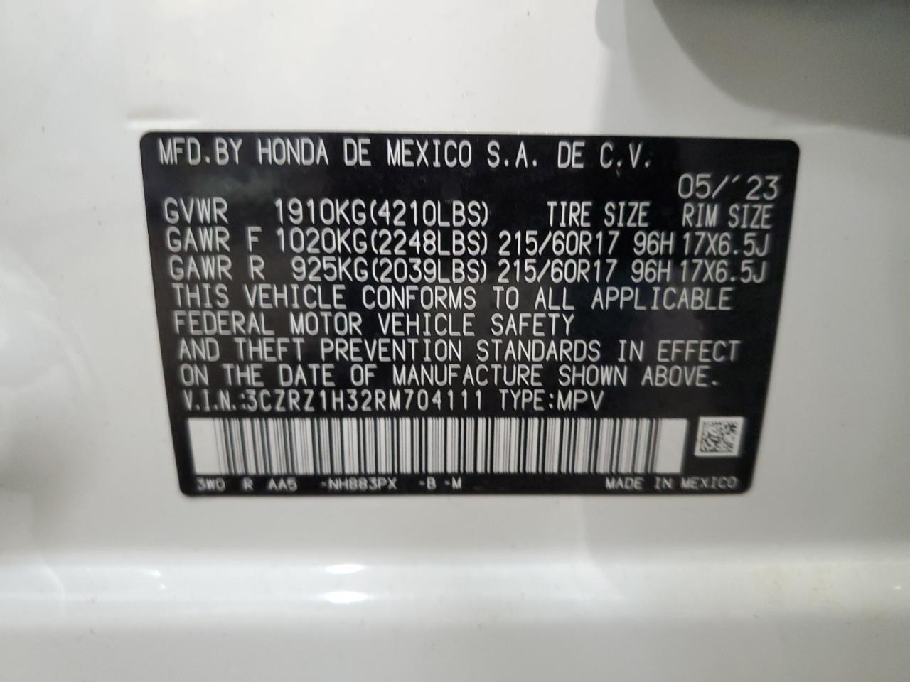 2024 HONDA HR-V LX VIN:3CZRZ1H32RM704111