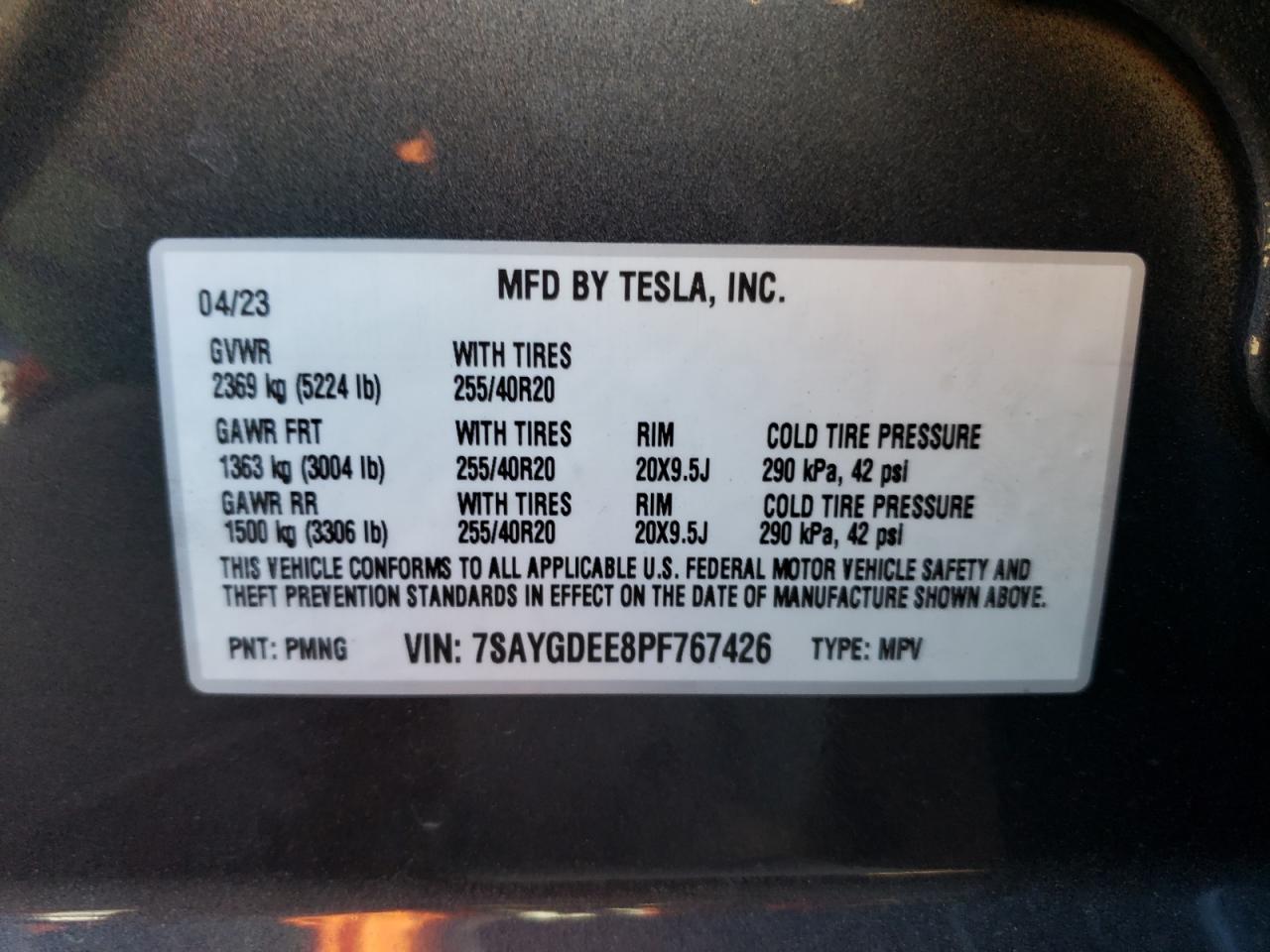 2023 TESLA MODEL Y VIN:7SAYGDEE8PF767426