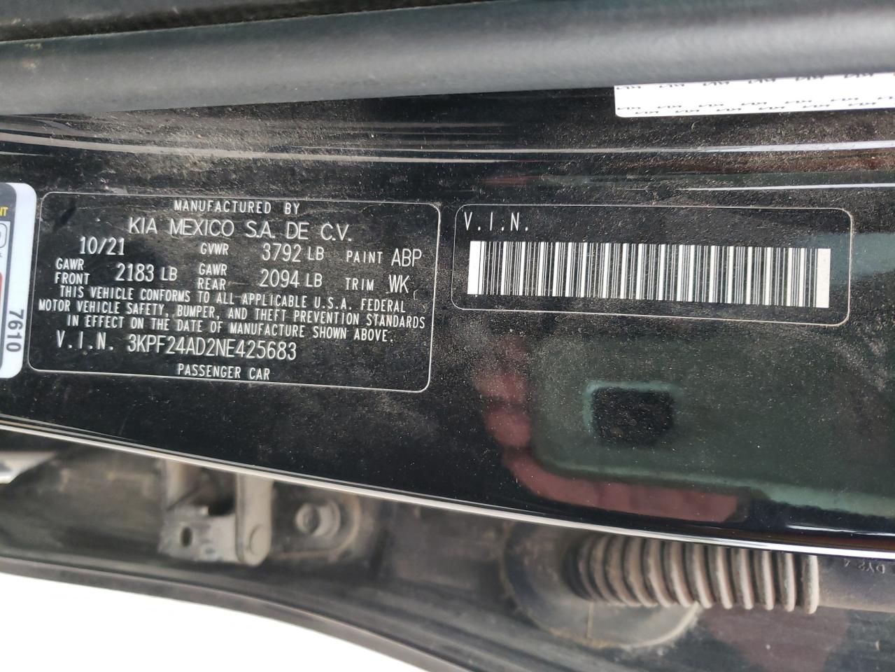 2022 KIA FORTE FE VIN:1GYKNBRS1HZ196140